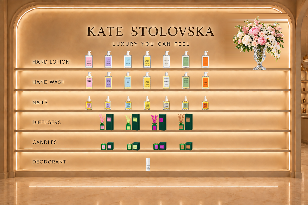 KATE STOLOVSKA boutique room — desktop shelves scene with peony bouquet
